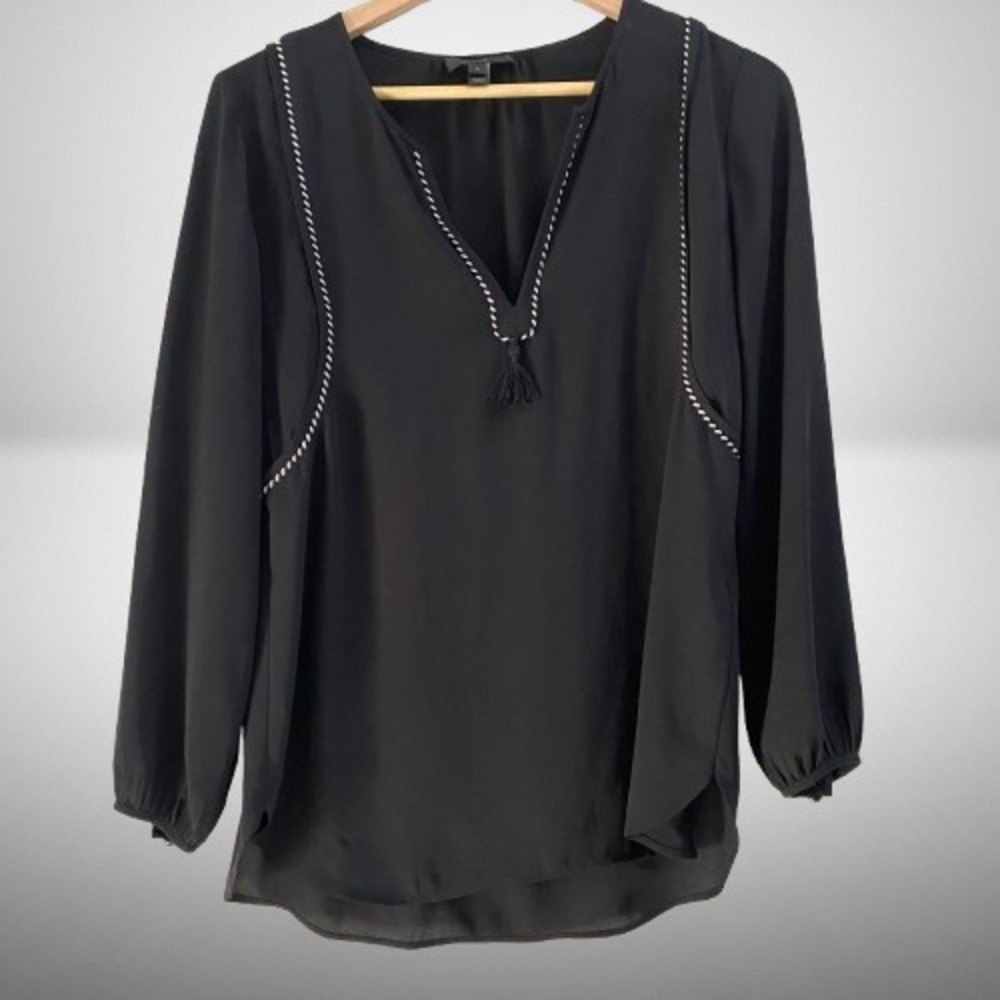 J. Crew Women's Black Whipstitch Tassel V-Neck Blouse Size 0